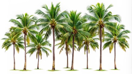 Tall slender coconut trees with green fronds and brown trunks in various stages of growth isolated on pure white background.