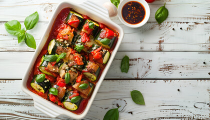 stuffed zucchini rolls with tomato sauce in white baking dish