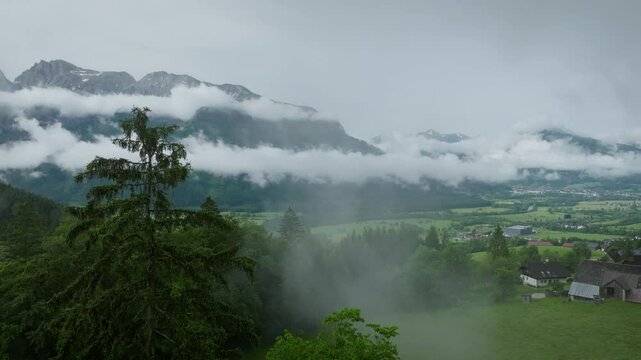 Aerial drone view of Gesause national park Austria in spring with clouds
