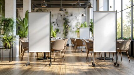 Two white X banner mockups displayed in a modern office and a cafe background, showcasing their versatility for promotional and advertising purposes in different settings.