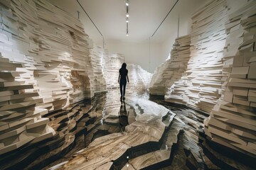 A person standing among numerous stacks of books in a room, A unique art installation that combines traditional techniques with modern technology