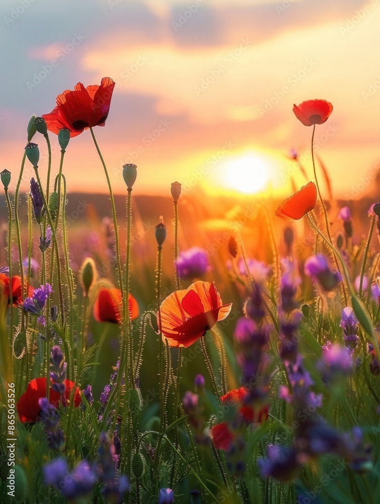Poster A field of vibrant red poppies in full bloom, bathed in the soft golden glow of a sunrise. Generative AI