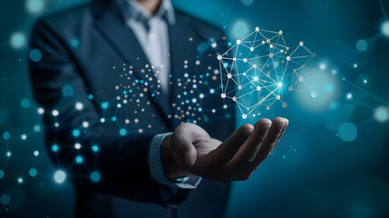 businessman hand holding automation blue screen with a lot of lines.executive in business Suit with digital network in hand.generative ai