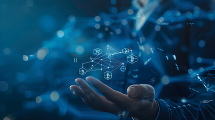 businessman hand holding automation blue screen with a lot of lines.executive in business Suit with digital network in hand.generative ai