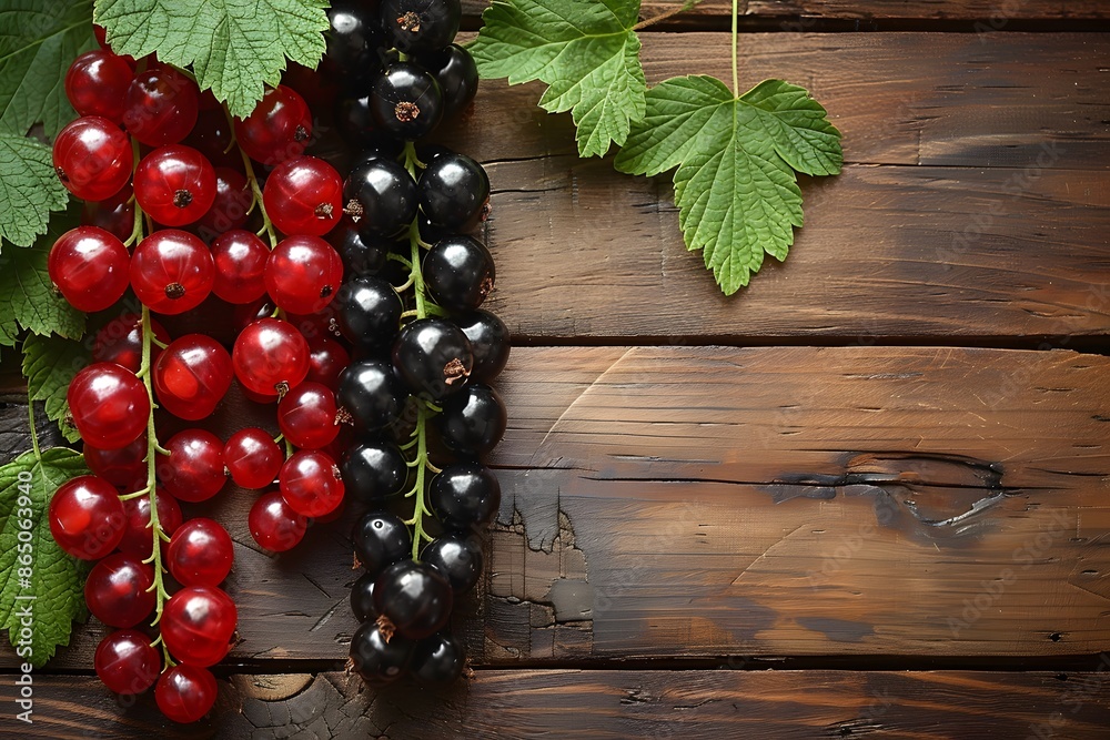 Wall mural Fresh Red and Black Currant Berries on Rustic Wooden Table - Concept of Natural, Organic Produce for Healthy Eating and Culinary Use