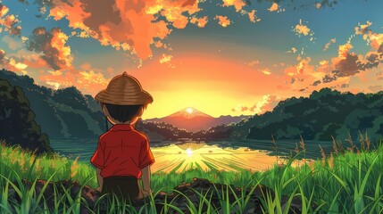 Boy watching rural landscape sunset scene with farm Anime illustration flat line art, anime background