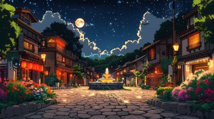 Obraz premium Mansion, houses night glowing moonlit Anime illustration flat line art, anime background