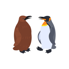 Naklejka premium オウサマペンギン（キングペンギン）の雛と成鳥。フラットなベクターイラスト。 King penguin chick and adult. Flat vector illustration.