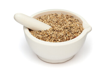 Close-up of Dry Organic Chicory or Kasni (Cichorium intybus) seeds, in white ceramic mortar and pestle, isolated on a white background.