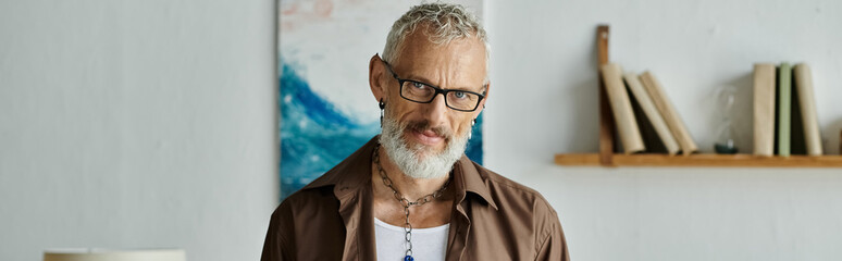 A mature, tattooed gay man with grey hair works remotely from home, exuding confidence and style.