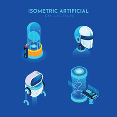 AI Robots Isometric Concept on a Blue Background. AI robot bot. Chat, chatbot technology, 3d vector illustration artificial icon