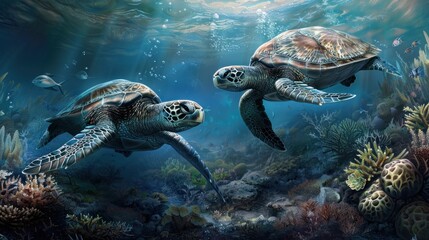 Fototapeta premium A vibrant underwater scene featuring two majestic sea turtles swimming gracefully among a colorful coral reef - AI Generated Digital Art