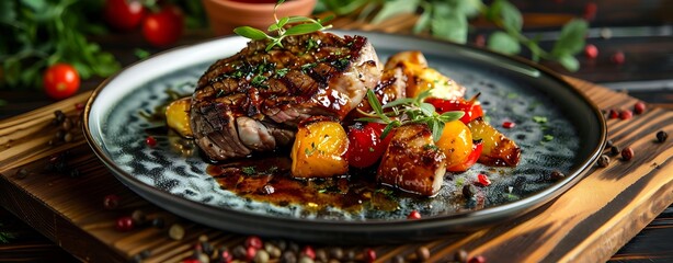 A mouthwatering photorealistic image of a chef's signature dish, a culinary masterpiece that showcases their creativity and expertise. The dish is presented on a rustic wooden table, its colors and