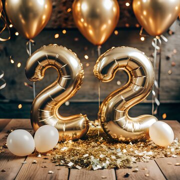 the number 22 years old, decorated with golden balloons and shiny confetti, is a congratulatory festive background for a birthday with a round date.