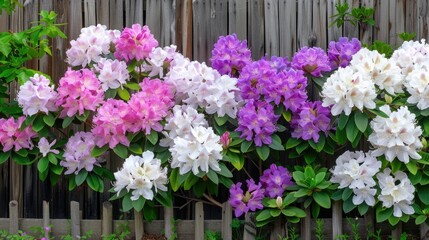 Fototapeta premium A close-up shot of vibrant pink, purple, and white rhododendrons blooming in abundance along a weathered wooden fence in springtime