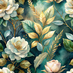 flowers with soft pastel petals and golden-hued leaves are set against a deep, rich green background