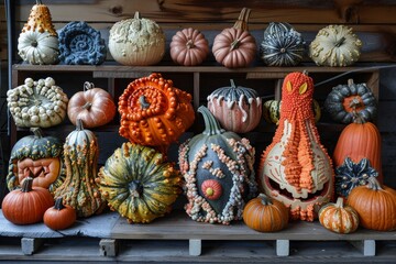 A variety of pumpkins, in different shapes and colors, arranged neatly on a shelf, A variety of uniquely shaped and colored pumpkins