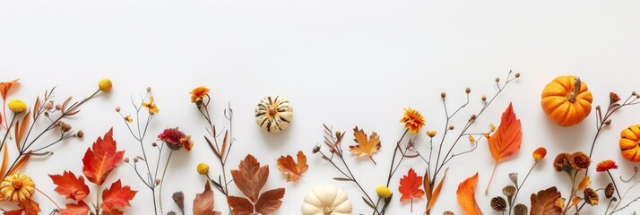 Autumn Frame with Pumpkins and Leaves on White Background