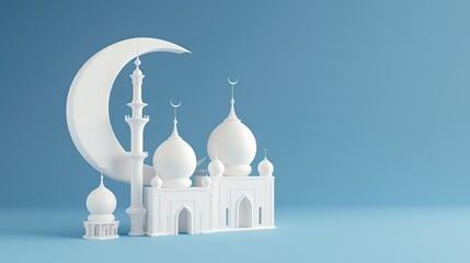 A white model of a mosque with two minarets sits atop a fluffy white cloud formation with a crescent moon overhead