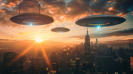 A UFO hangs over the city's modern skyscrapers during sunset, creating a surreal scene and raising questions about their origins and intentions.