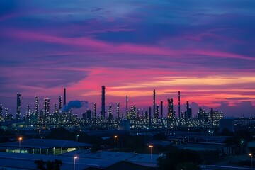Naklejka premium Dramatic Petrochemical Refinery Skyline at Twilight with Glowing Cityscape