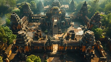 Dramatic overhead view of the ancient, towering temples and pagodas of Angkor Wat, Cambodia