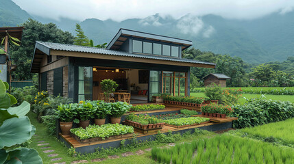 Modern style house in the middle of a rice field One story, small, shady house. The area in front of the house is divided into zones for growing various vegetables such as lettuce, cilantro, purple ca