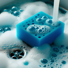 Blue sponges and soap in a bathtub with water drops