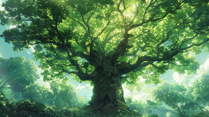 Fototapeta premium An impressive anime tree with detailed asymptotes, highlighted in a serene forest with the entire tree visible under a bright sky