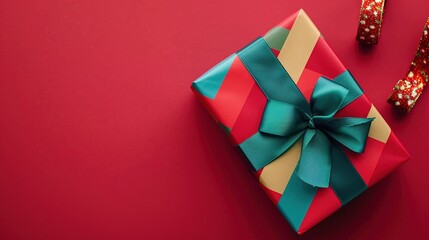 A festive gift box with colorful wrapping paper and a green ribbon on a solid red background.
