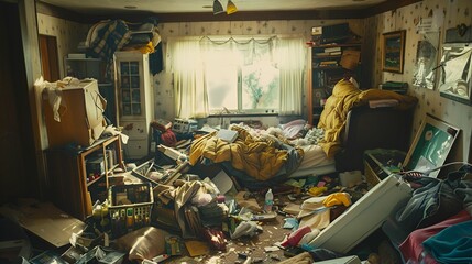 A cluttered room filled with various items in disarray, indicating a chaotic and messy living space.