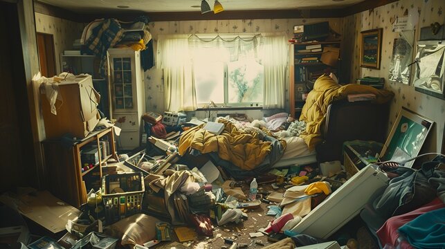 A cluttered room filled with various items in disarray, indicating a chaotic and messy living space.