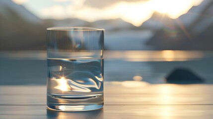 A glass of water reflecting sunlight, with a serene landscape and mountains in the background.