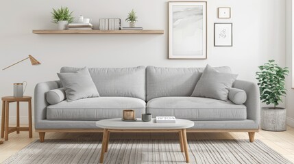 Fototapeta premium A modern grey sectional sofa with chaise lounge. Positioned in front of a window with natural light. Wooden coffee table in front, large houseplant in the corner