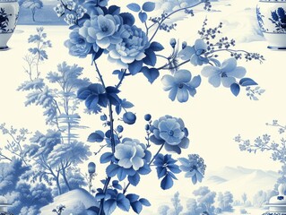 A seamless pattern with blue and white chinoiserie floral branches on a light blue background.