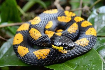Obraz premium A venomous snake with striking black and yellow colors resting on a vibrant green leaf, A venomous snake with striking black and yellow stripes