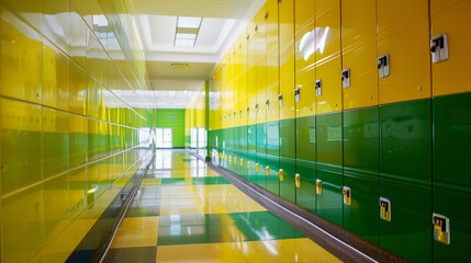 Yellow green school lockers hall way clean minimalist modern educational institution interior student storage advertising educational news university sports team room play fun minimal campus sleek