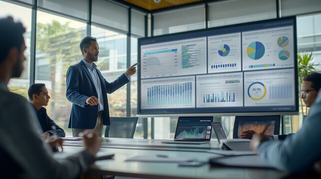 A young businessman giving a presentation in an office conference room with charts and graphs This image captures a professional business meeting and highlights the use of visual aids for effective co