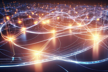 Obraz premium Futuristischer Hintergrund digitale leuchtende Wellen und Netzwerk in ländlicher Umgebung