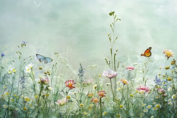 Fototapeta premium A painting featuring a colorful field filled with vibrant wildflowers and fluttering butterflies, A verdant meadow with wildflowers and butterflies on a soft green backdrop
