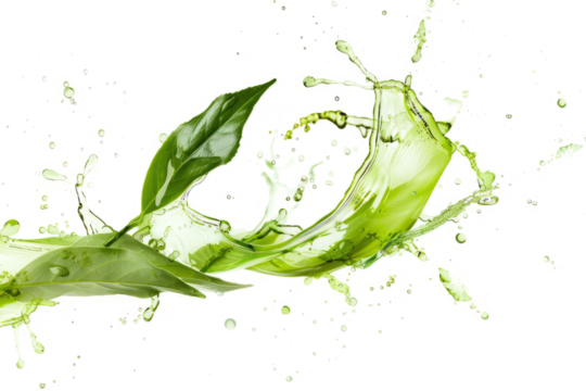 Serene green tea splash, delicate aroma in crisp white space