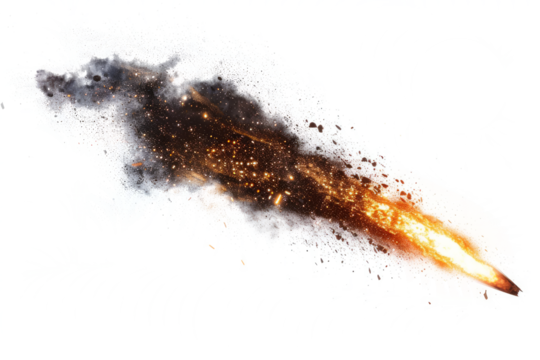 A dramatic meteor shower with massive bursts of light and energy on a stark white background