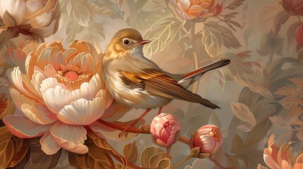 Delight in the beauty of this graceful bird as it perches atop a blooming flower, its delicate wings a striking contrast against the vibrant petals below.