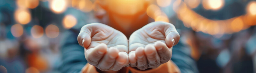 Close-up of cupped hands reaching out symbolizing trust, hope, and connection, set against a vibrant bokeh background. Celebrate Charity Day on September 5th, volunteers helping communities.