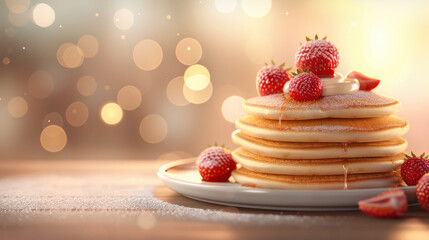 Delicious stack of fluffy pancakes topped with fresh strawberries and syrup, set against a warm, blurred bokeh background. Celebrate September 26th Pancake Day, gourmet pancakes, happy expressions.