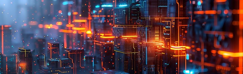 Obraz premium Digital cityscape with glowing data streams and futuristic buildings, showcasing the concept of cyberpunk technology in an abstract digital rendering.