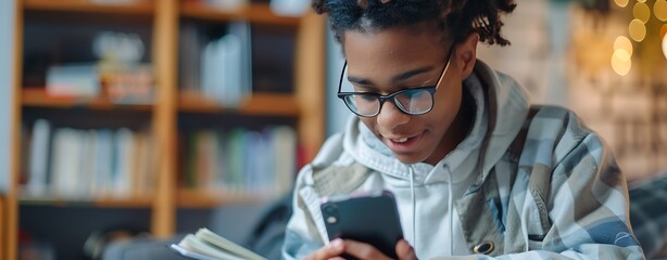 A teenager learning about financial literacy with a smartphone and notepad, clear light, sharp focus, high clarity, ample copy space for text, no grunge, splash, dust, noise