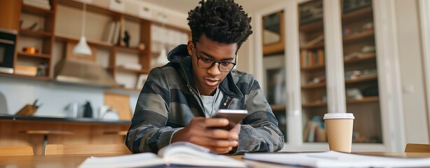 A teenager learning about financial literacy with a smartphone and notepad, clear light, sharp focus, high clarity, ample copy space for text, no grunge, splash, dust, noise