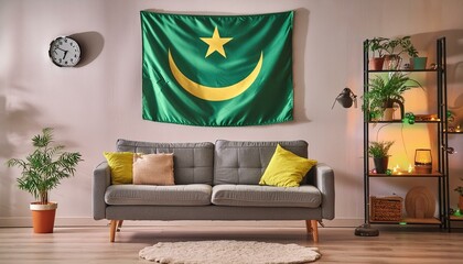 The flag of Mauritania hangs in the living room at home. The flag is in house.