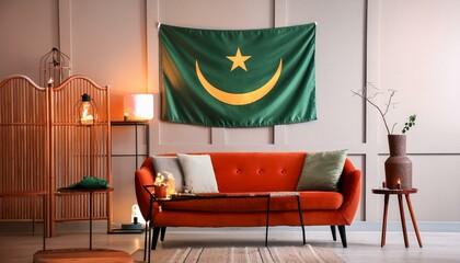 The flag of Mauritania hangs in the living room at home. The flag is in house.